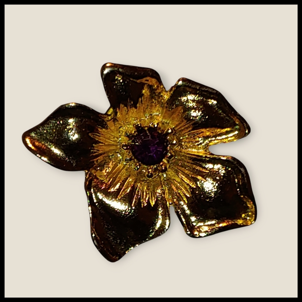 Vintage Wild Rose Brooch with Purple Rhinestone - Picture 2 of 5